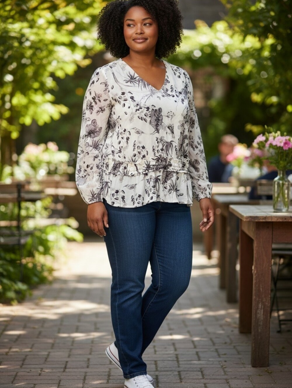 INC International Concepts Cream Blouse with Black Botanical Print